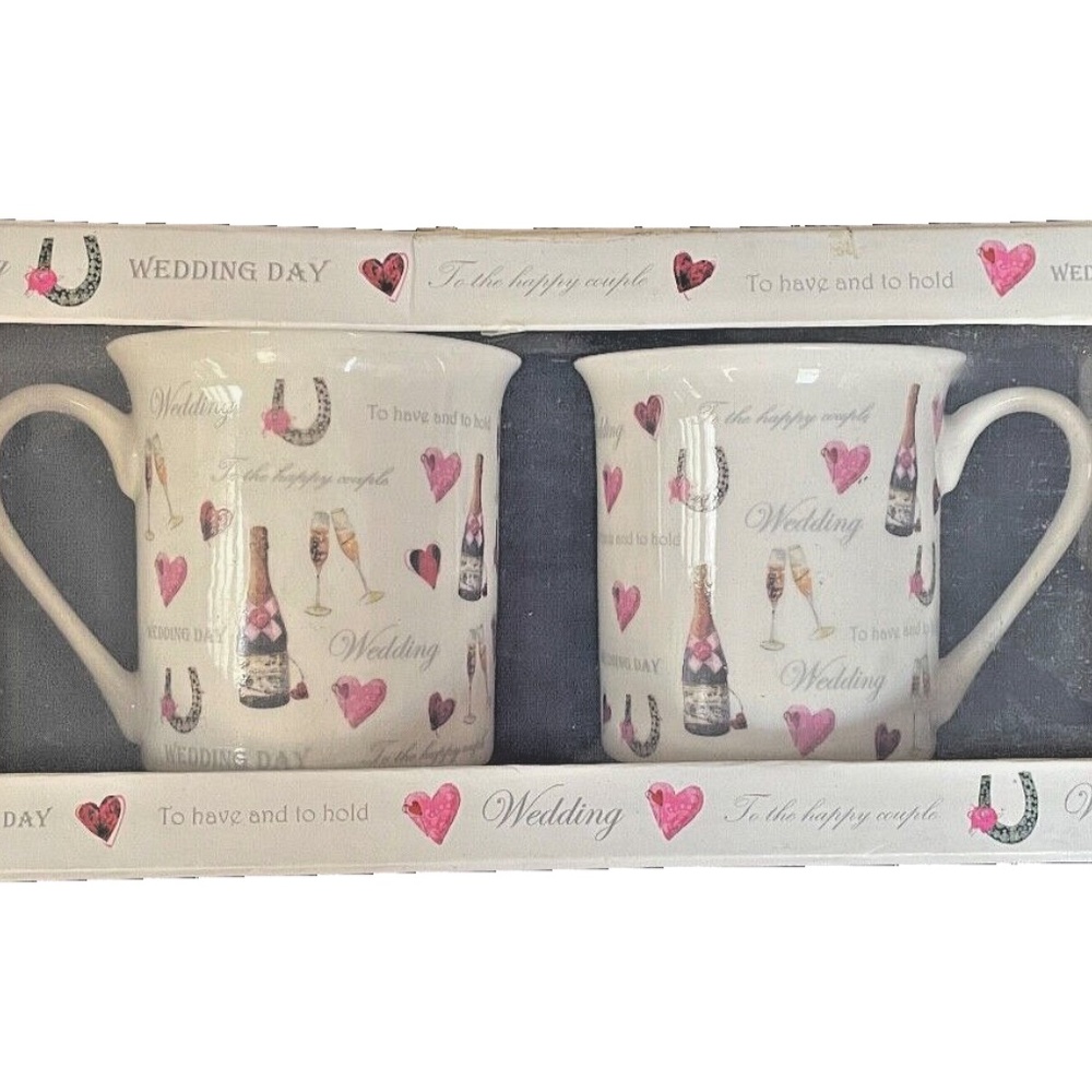 On your Wedding Day' Set of 2 'Fine Bone China' Couple Mugs New Gift Keepsake